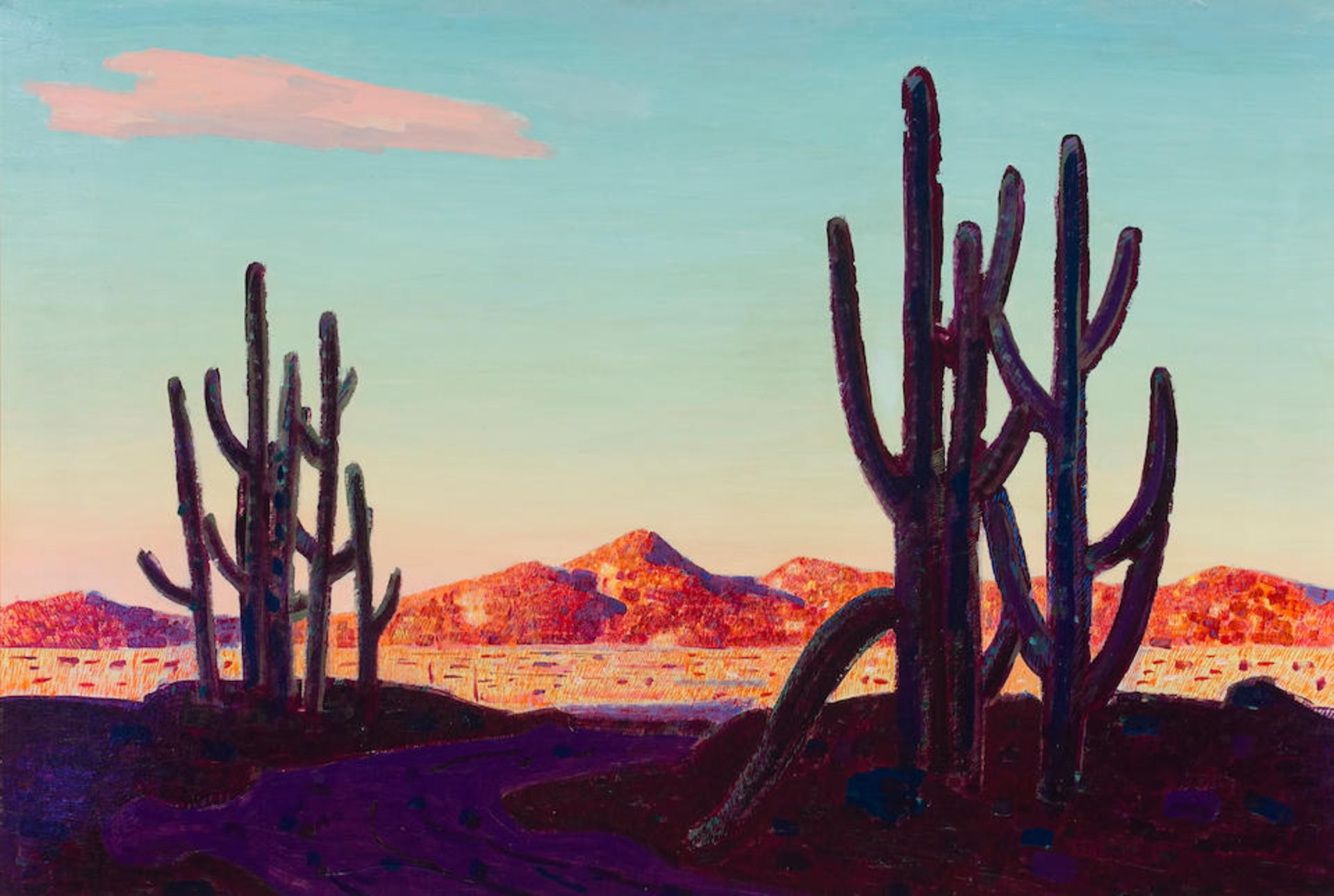 Conrad Buff (1886-1975) Desert Landscape with Cactus 24 x 35 1/2 in. framed 31 1/2 x 43 in.