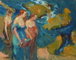 Franz Arthur Bischoff (1864-1929) Three Women at the Seaside 13 1/4 x 16 1/2 in. framed 19 3/4 x...