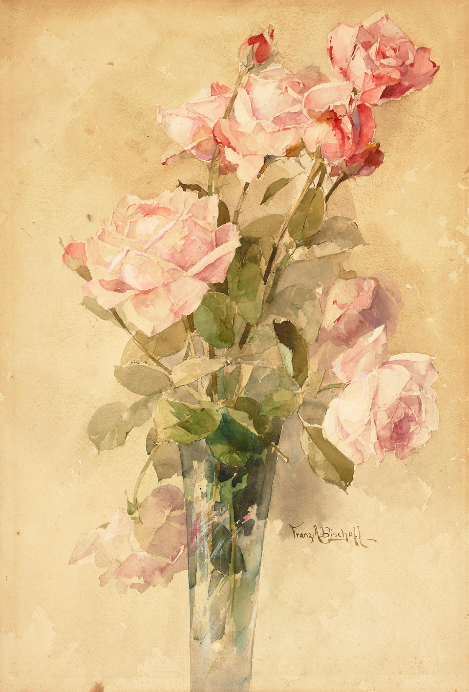 Franz Arthur Bischoff (1864-1929) Vase of Roses sheet 22 1/4 x 15 3/8 in. unframed