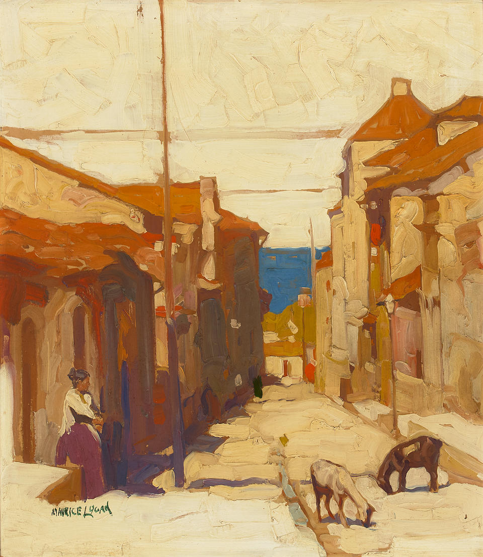 Maurice Logan (1886-1977) Figure in a Seaside Village 17 1/4 x 15 in. framed 22 1/2 x 20 1/2 in.