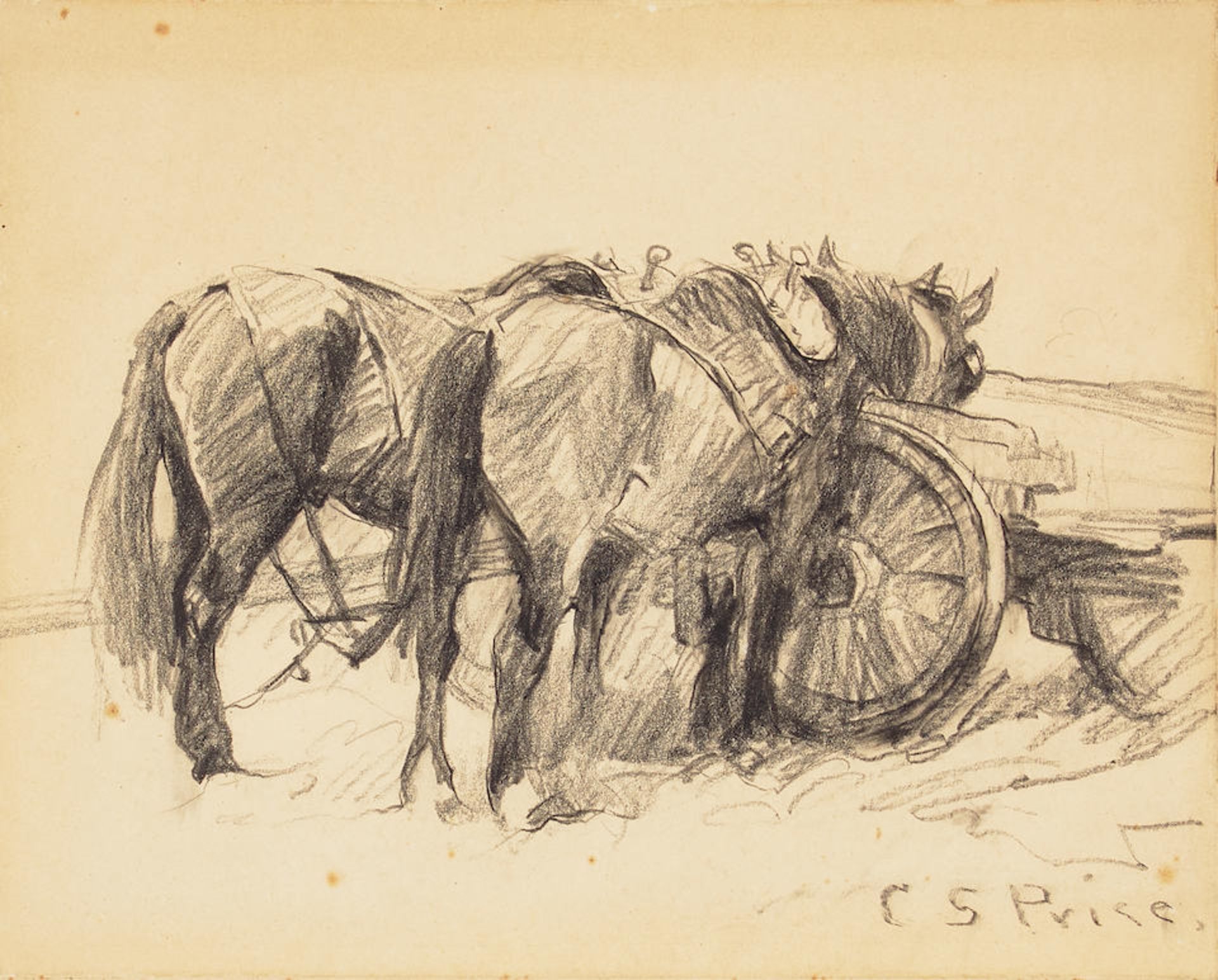 Clayton S. Price (1874-1950) Two Horses by a Cart sheet 7 3/4 x 10 in. framed 11 1/2 x 14 1/2 in.