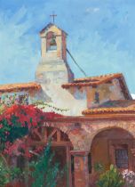 Stephen Mirich (born 1954) Mission with Bougainvillea 16 x 12 in. framed 20 1/2 x 16 1/2 in.