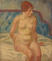 John Sloan (1871-1951) Nude Seated on Couch Bed 15 x 13 in. framed 22 3/4 x 20 1/2 in.
