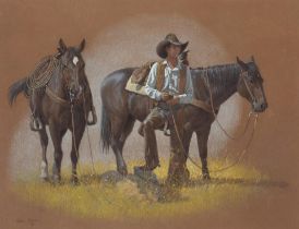 Wayne Baize (born 1943) Cowboy with Two Horses sight 16 x 21 in. framed 26 1/2 x 31 1/2 in.