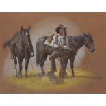 Wayne Baize (born 1943) Cowboy with Two Horses sight 16 x 21 in. framed 26 1/2 x 31 1/2 in.