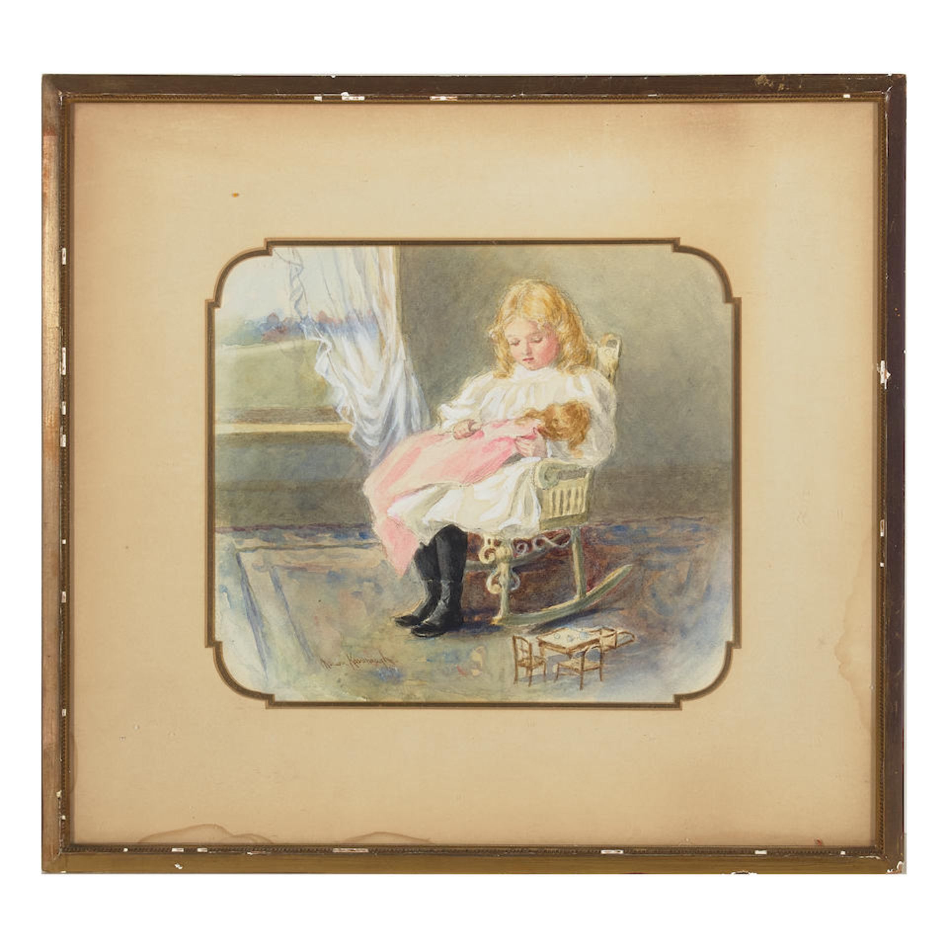 Marion Kavanagh Wachtel (1876-1954) Little Girl with Her Doll sight 8 1/2 x 10 in. framed 15 1/4... - Bild 2 aus 2