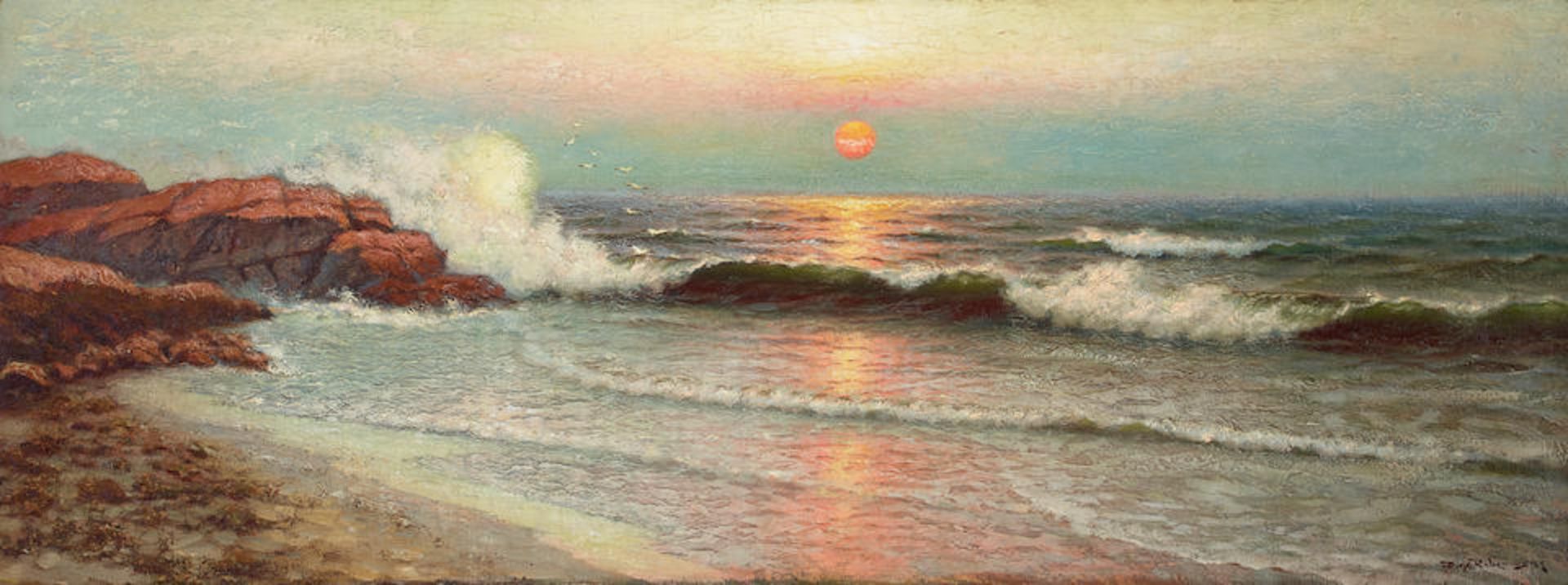Richard Dey De Ribcowsky (1880-1936) Coastal Sunrise 18 x 47 3/4 in. framed 25 1/2 x 55 1/2 in.