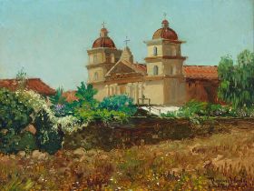 Theodore Wores (1859-1939) Santa Barbara Mission 9 1/2 x 12 1/4 in. framed 14 1/4 x 17 1/4 in.