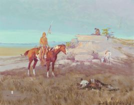 Ace Powell (1912-1978) Warrior on Horseback in a Western Landscape 22 x 28 in. framed 30 1/4 x 3...