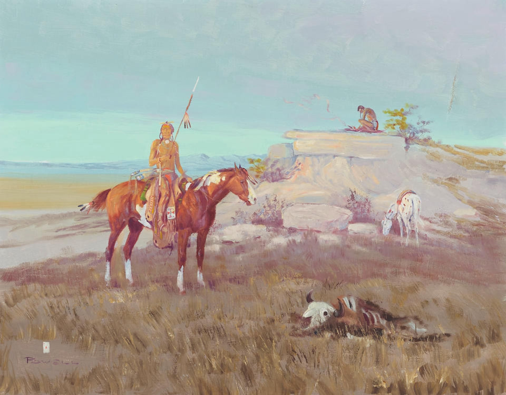 Ace Powell (1912-1978) Warrior on Horseback in a Western Landscape 22 x 28 in. framed 30 1/4 x 3...