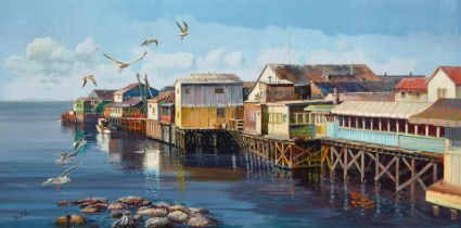 Filastro Mottola (1915-2008) Fisherman's Wharf, Monterey, California 24 x 48 in. framed 31 x 55 in.