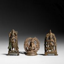 THREE COPPER ALLOY FIGURES OF GANESHA AND DURGA MAHISHASURAMARDINI KERALA AND MAHARASHTRA, 17TH/...