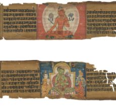 TWO ILLUSTRATED PALM LEAF SUTRA PAGES WITH TARA AND AVALOKITESHVARA NEPAL, 14TH/15TH CENTURY