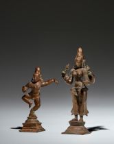 TWO COPPER ALLOY FIGURES OF DANCING KRISHNA AND DEVI SOUTH INDIA, TAMIL NADU, CHOLA PERIOD, 12TH...