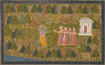 KRISHNA AND THE GOPIS IN A FOREST CENTRAL INDIA, MADHYA PRADESH, CIRCA 1780