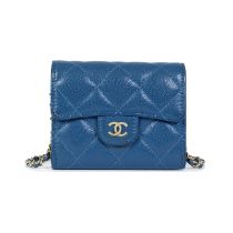 Virginie Viard for Chanel: a Blue Caviar Leather Card Holder with Chain 2020 (includes serial st...