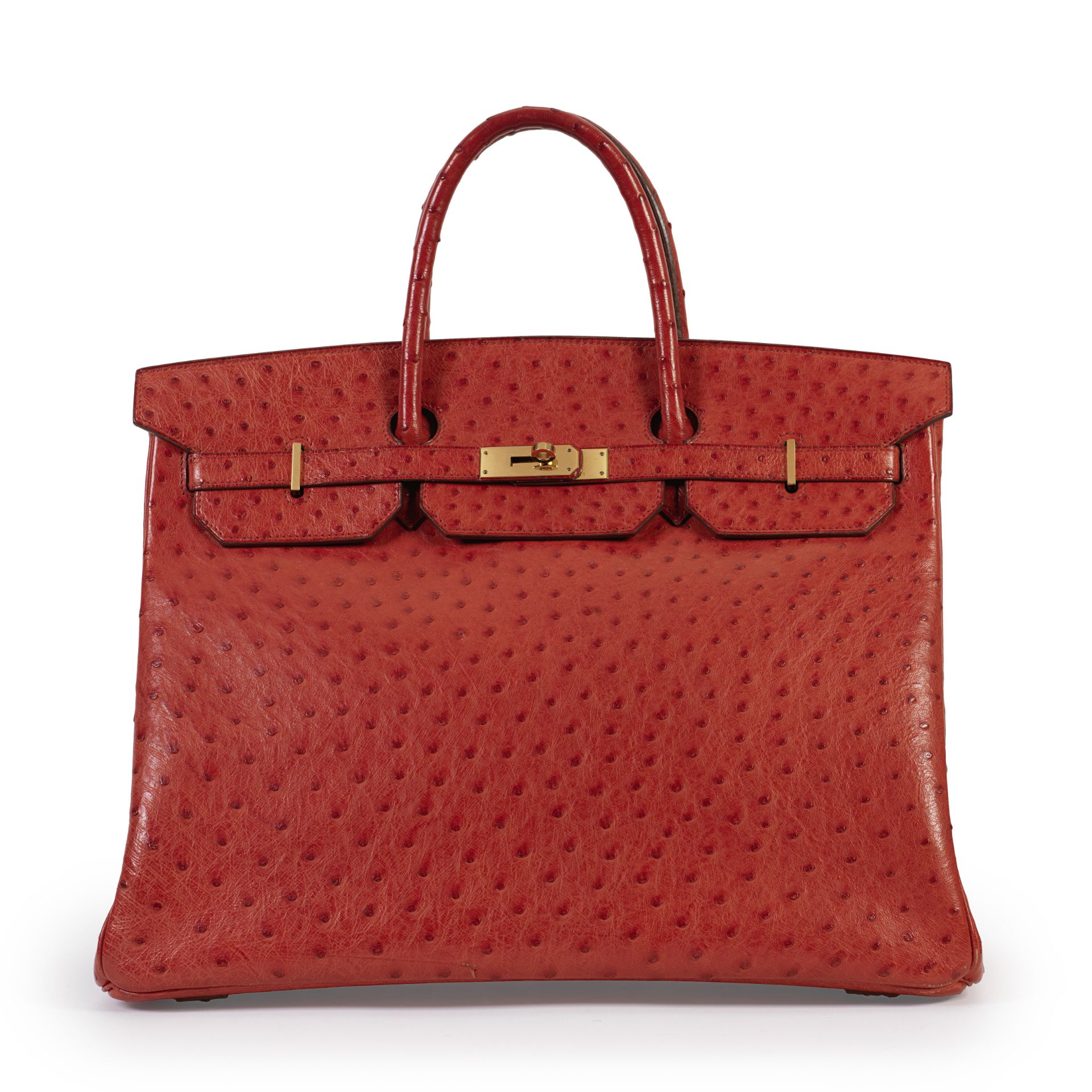 Herm&#232;s: a Rouge Vif Ostrich Birkin 40 1991 (includes padlock, keys, cloche, felt protector ...