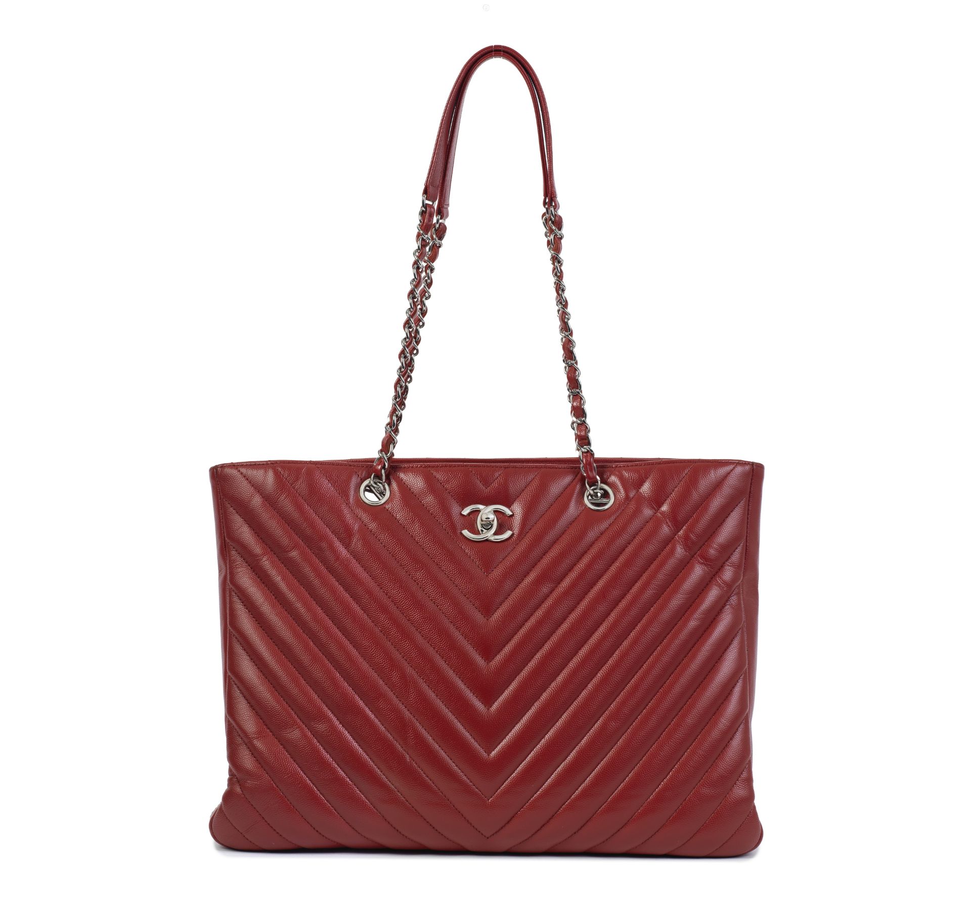 Karl Lagerfeld for Chanel: a Red Caviar Leather Chevron Quilted Shopping Tote 2016 (includes ser...