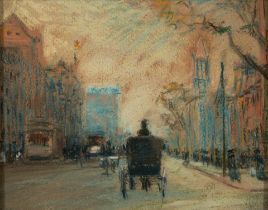 ARTHUR CLIFTON GOODWIN (American, 1864-1929) Coaches in South Boston at Twilight (8 x 10 in (20....