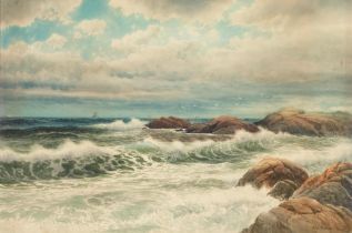 GEORGE HOWELL GAY (American, 1858-1931) Rolling Surf with Seagulls and a Distant Sailboat (sight...