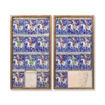 A group of Qajar underglaze-painted moulded pottery tiles depicting mounted falconers Persia, 19...