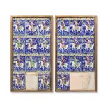 A group of Qajar underglaze-painted moulded pottery tiles depicting mounted falconers Persia, 19...