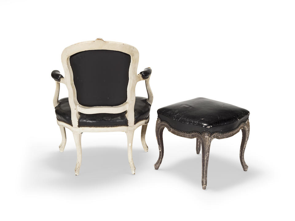 A white painted beech and black leather fauteuilIn the Louis XV style (2) - Image 3 of 4