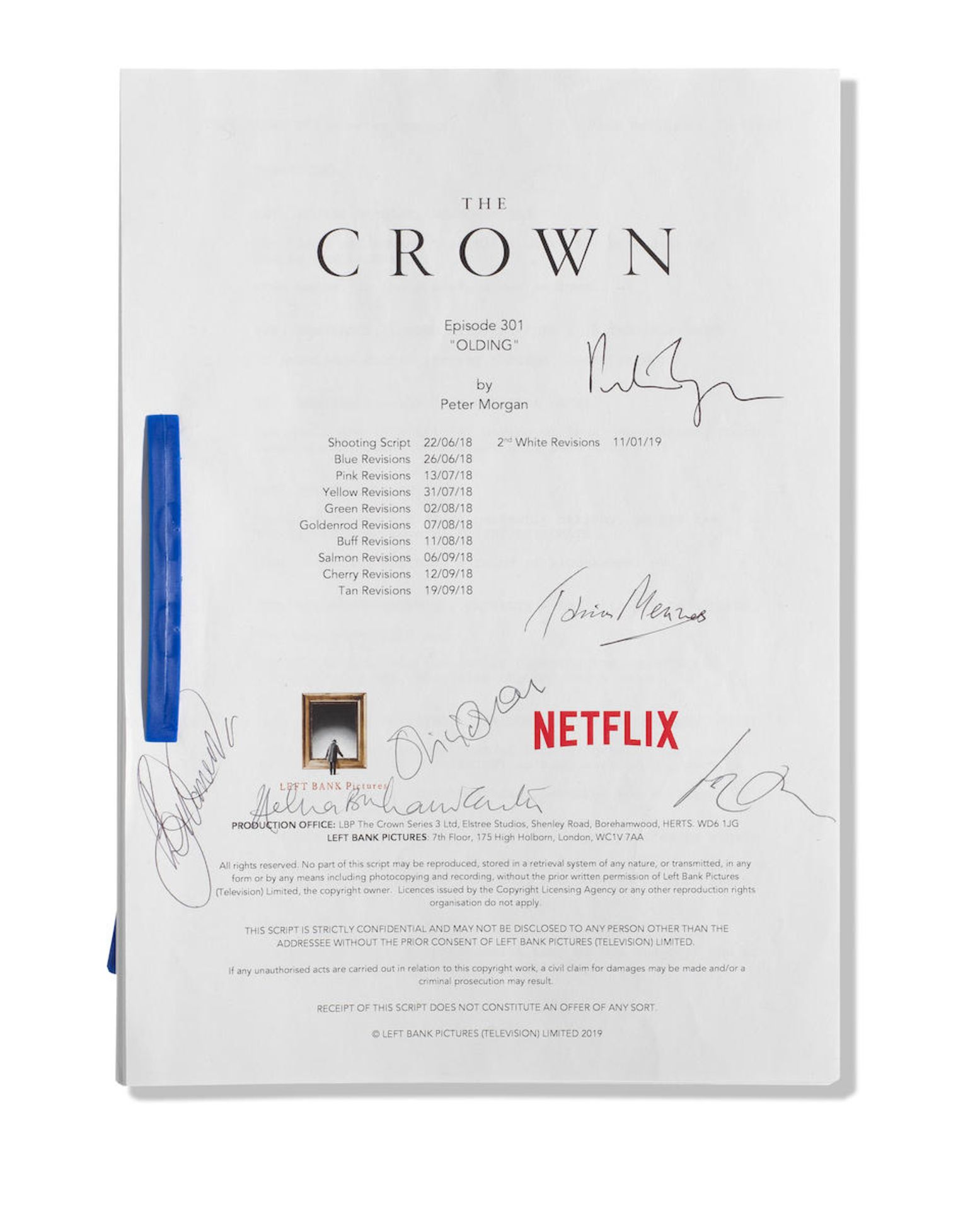 An autographed script for The Crown Season 3, Episode 1, 'Olding'