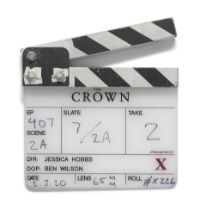 A clapper board used in the production of the fourth season of The Crown Season 4, Episode 7, 'T...