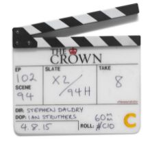 A clapper board used in the production of the first season of The Crown Season 1, Episode 2, 'Hy...