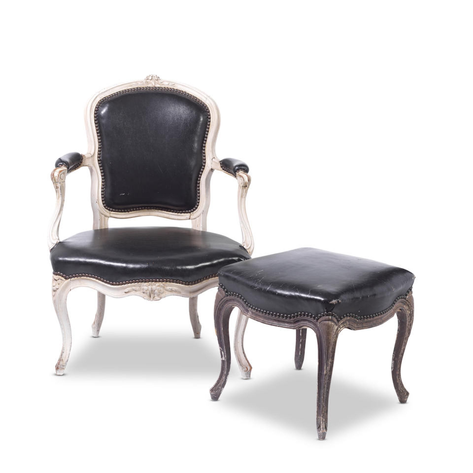 A white painted beech and black leather fauteuilIn the Louis XV style (2)