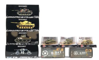 Nine boxed die-cast scale models of tanks and military vehicles by Minichamps and Corgi, ((9))