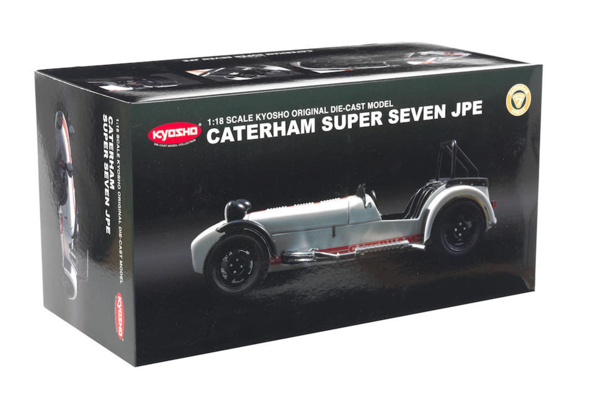 A boxed 1:18 scale die-cast model of a Caterham Super Seven JPE by Kyosho,