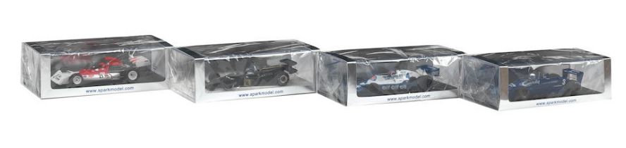 Four boxed 1:43 scale die-cast models of 1973-1979 Formula 1 race cars by Spark Models, ((4))