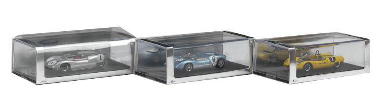 Three boxed 1:43 scale die-cast models of 1960-1963 Lotus sports racing cars by Spark Models, ...