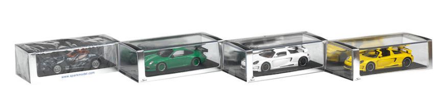 Four boxed 1:43 scale die-cast models of modern sports cars by Spark Models, ((4))