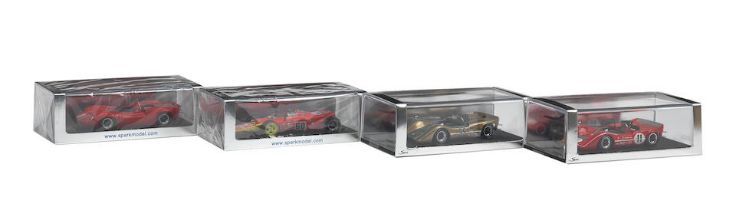 Four boxed 1:43 scale die-cast models of 1965 and 1968 North/South American race cars by Spark M...