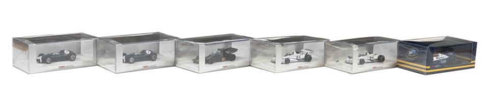 Six boxed 1:43 scale models of 1960s-70s single-seat racing cars by TrueScale Miniatures, ((6))