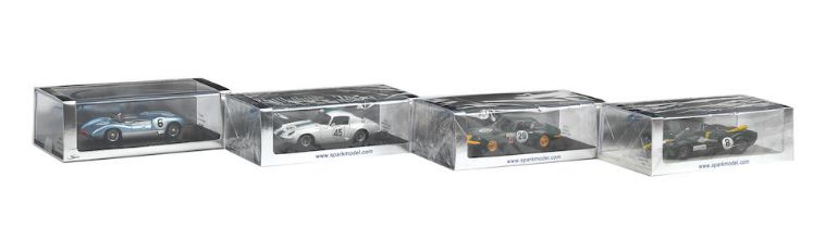 Four boxed 1:43 scale die-cast models of 1962-1965 Lotus sports racing cars by Spark Models, ...