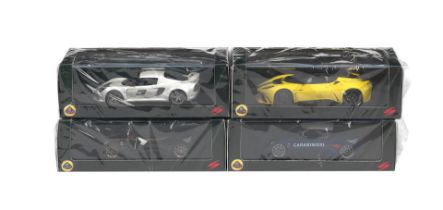 Four boxed 1:43 scale die-cast models of 2011 Lotus sports cars by Spark Models, ((4))