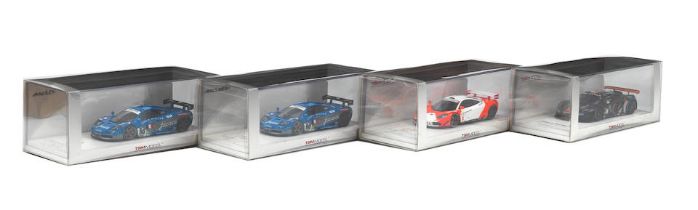 Four boxed 1:43 scale models of McLaren racing sports cars by TrueScale Miniatures, ((4))