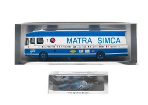 Two boxed 1:43 scale die-cast models of a 1970 Matra Simca race car transporter and a Matra Form...