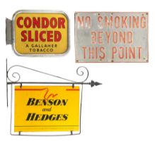 Two wall-mounted printed tin tobacconist's signs, ((3))