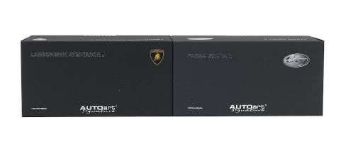 Two boxed 1:18 scale die-cast models of Lamborghini Aventador J and Pagani Zonda R cars by Autoa...