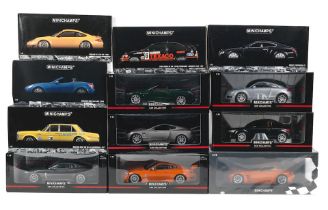 Twelve boxed 1:18 scale models of various cars by Minichamps, ((12))