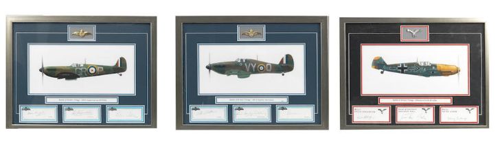 A series of three framed 'Battle of Britain Trilogy' aircraft profile prints mounted with pilot ...