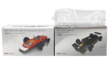 Two boxed 1:18 scale limited edition die-cast models of 1968 and 1977 Lotus Indianapolis and For...