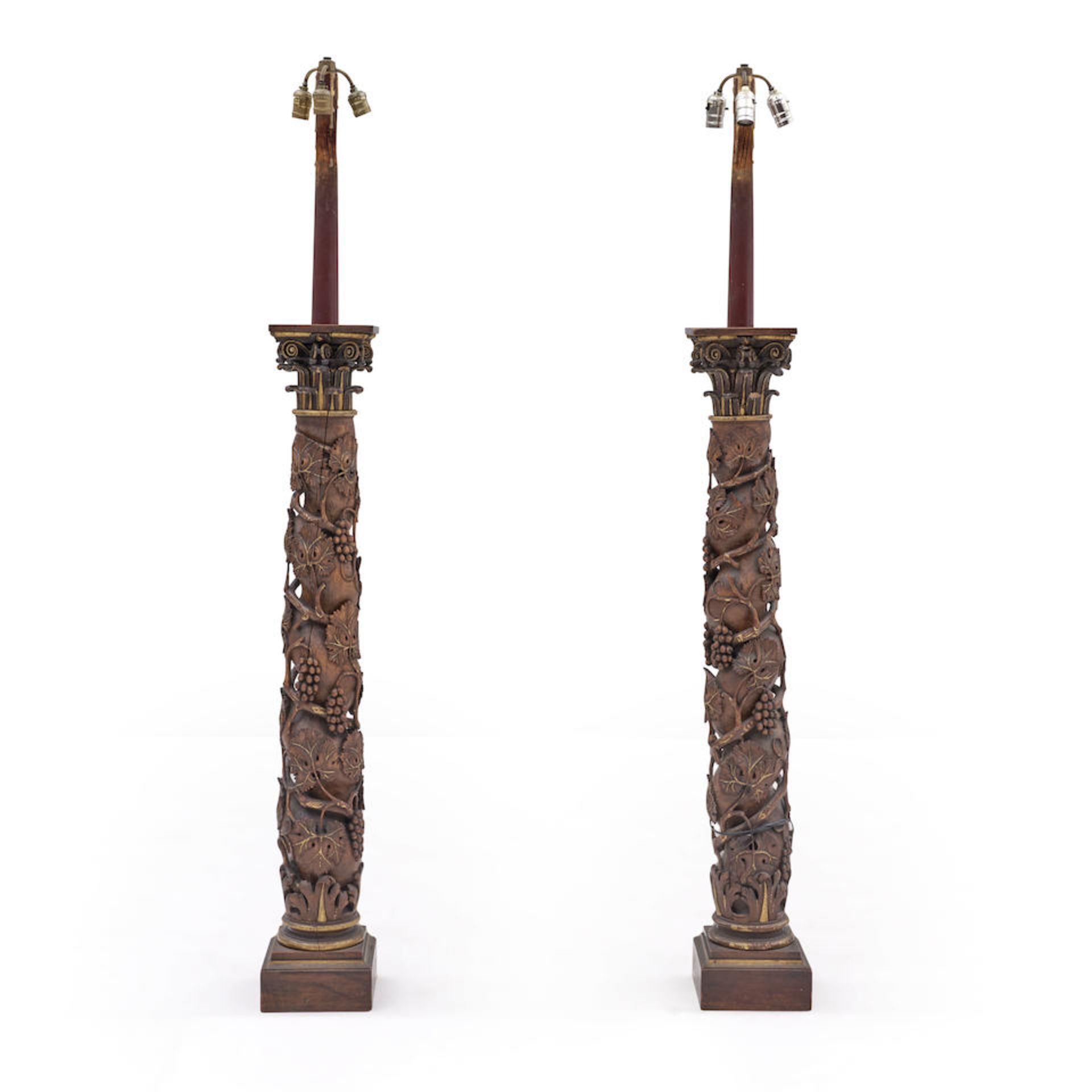 PAIR OF CONTINENTAL BAROQUE-STYLE WOOD CARVED COLUMNS MOUNTED AS LAMPS