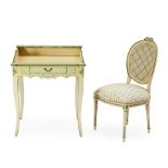 LOUIS XV-STYLE CREAM- AND GREEN-PAINTED DESK AND SIDE CHAIR