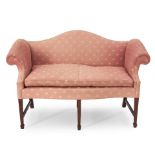 JEFFREY GREENE CHIPPENDALE-STYLE MAHOGANY AND UPHOLSTERED CAMELBACK SETTEE
